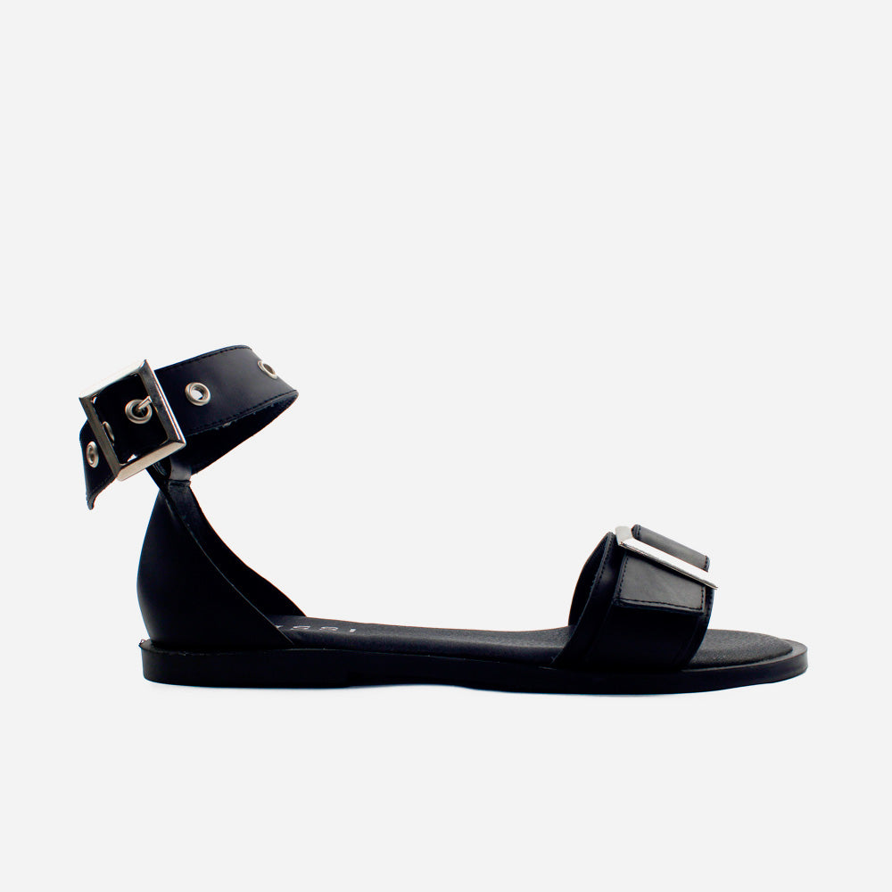 Sandalia plana lúa de cuero para mujer - Negro