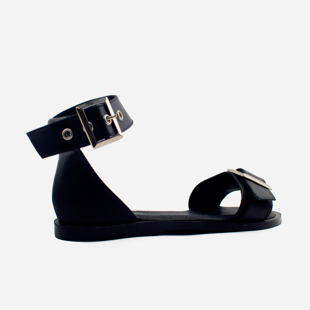 Sandalia plana lúa de cuero para mujer - Negro