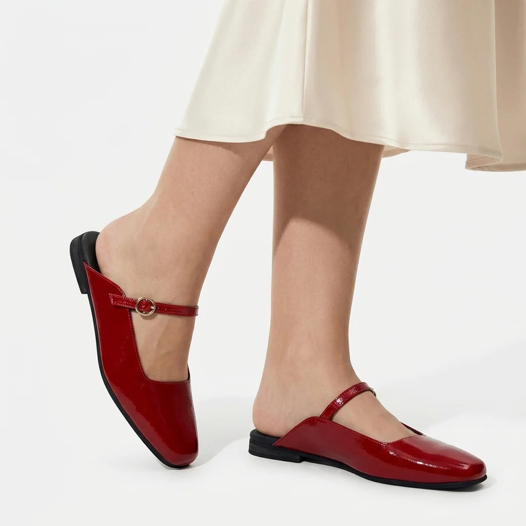 Baleta destalonada margaritas de cuero para mujer - Rojo