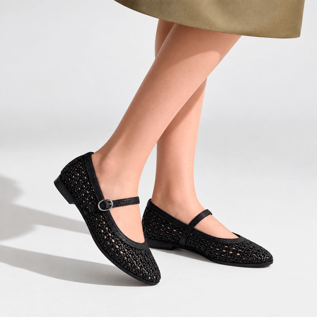Baleta plana lunara de cuero para mujer - Negro