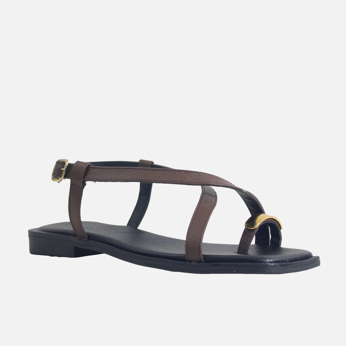 Sandalia plana valen de cuero para mujer - Café