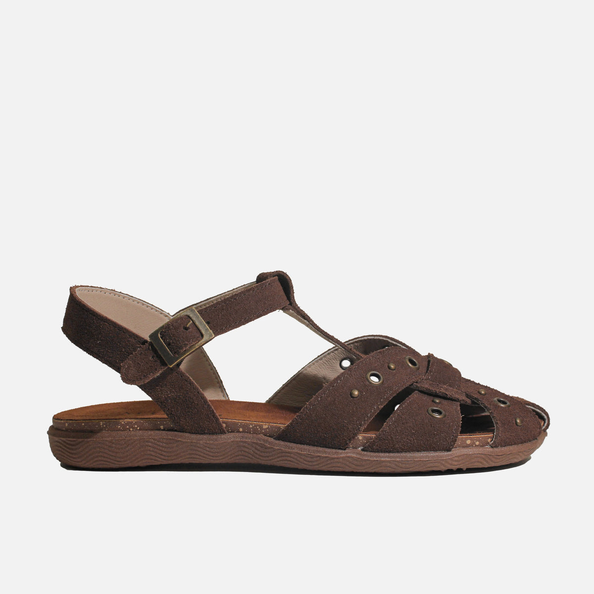 Sandalia plana garo de cuero para mujer - Café