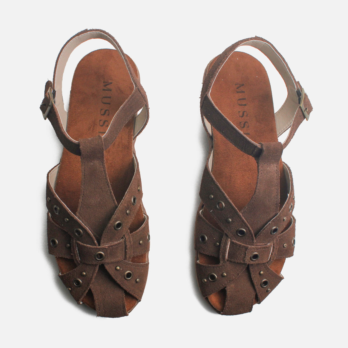 Sandalia plana garo de cuero para mujer - Café