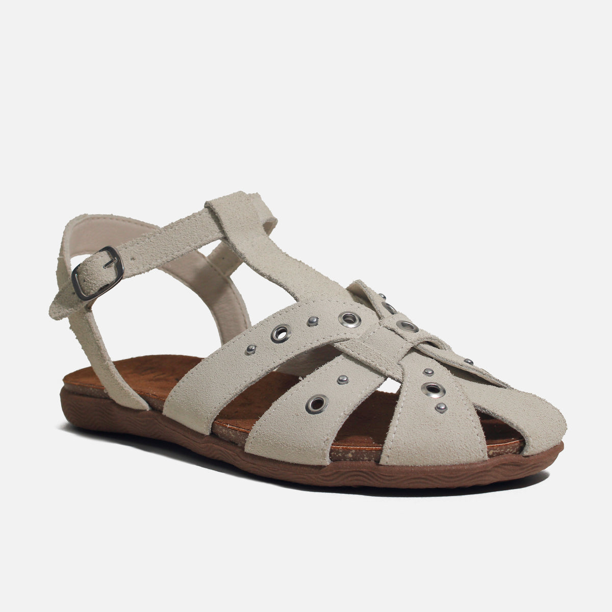 Sandalia plana garo de cuero para mujer - Hueso