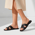 Sandalia plana celia de cuero para mujer - Negro