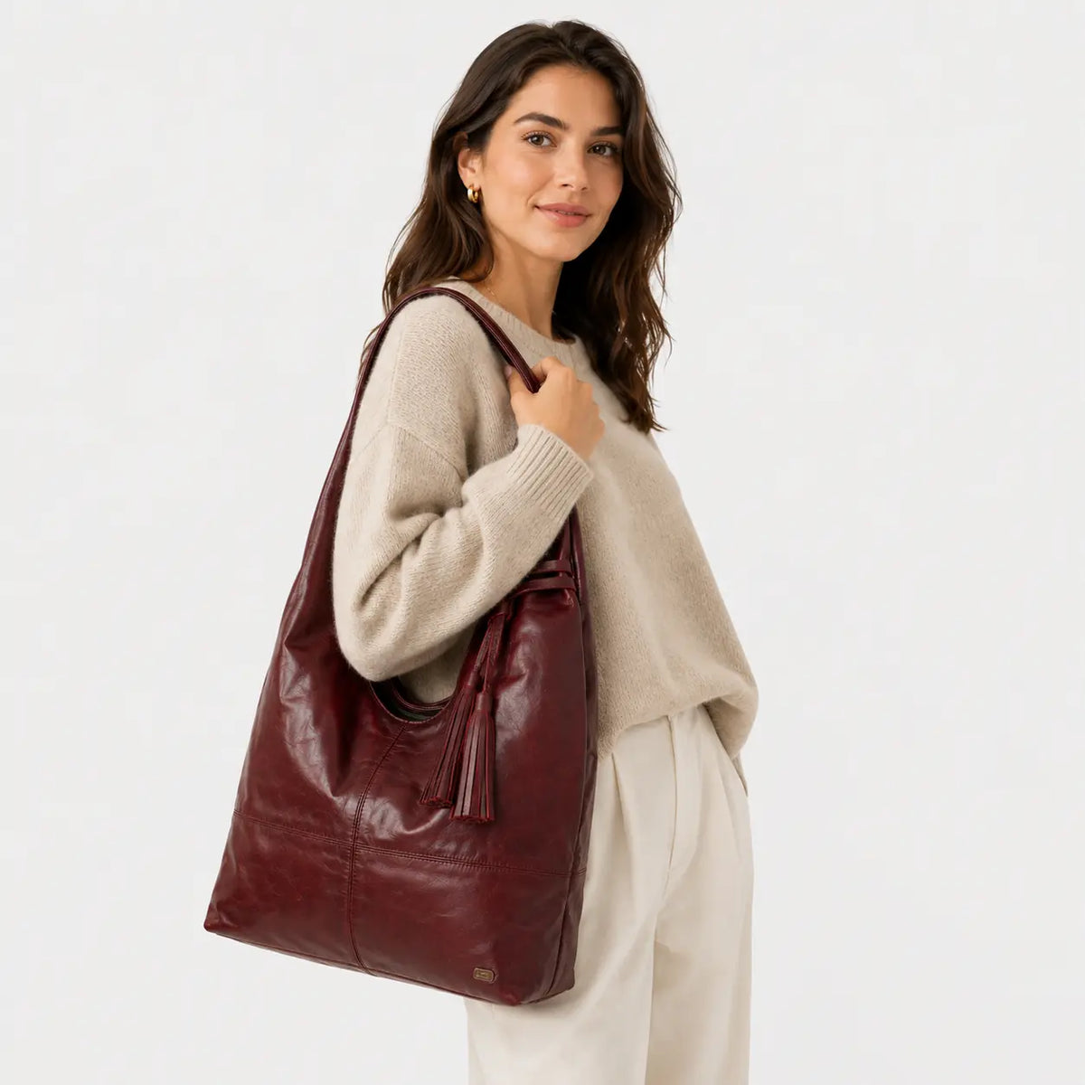 Cartera brina de cuero para mujer - Vino