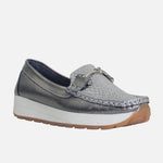 Mocasin plataforma alba de cuero para mujer - Plateado