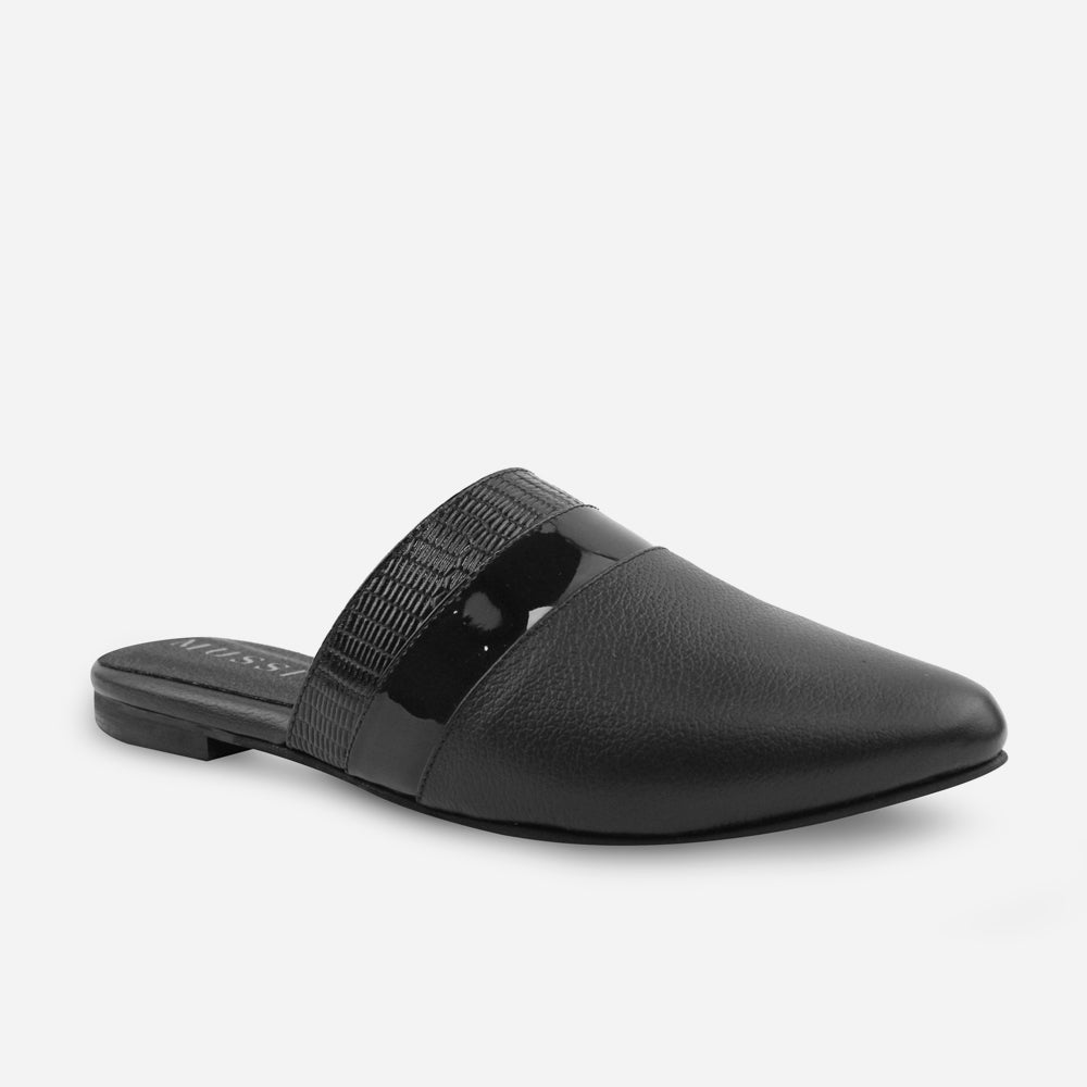 Zueco plano margarita de cuero para mujer - Negro