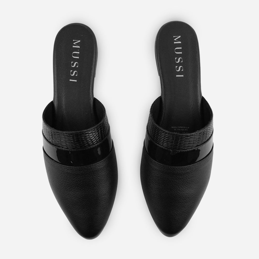 Zueco plano margarita de cuero para mujer - Negro