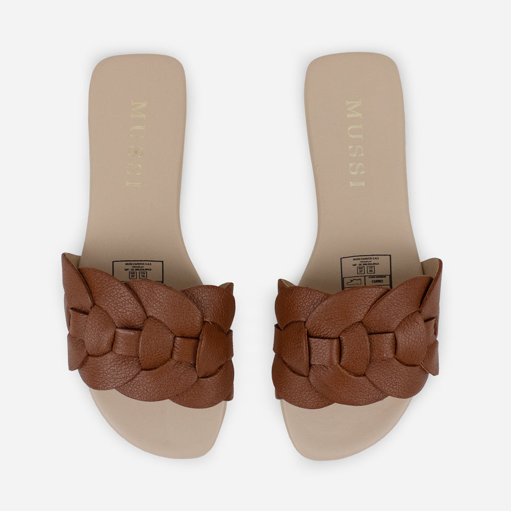 Sandalia plana setubla de cuero para mujer - Miel