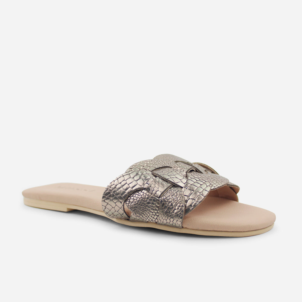 Sandalia plana setubla de cuero para mujer - Bronce