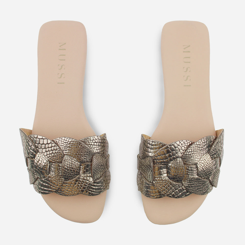 Sandalia plana setubla de cuero para mujer - Bronce