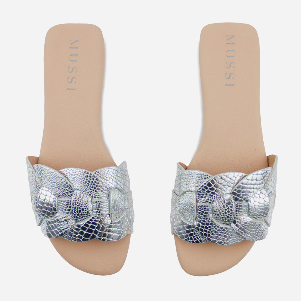 Sandalia plana setubla de cuero para mujer - Plata