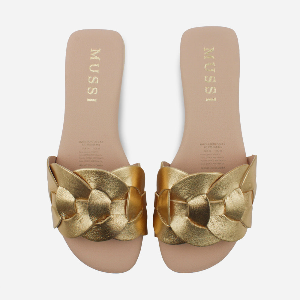 Sandalia plana setubla de cuero para mujer - Oro