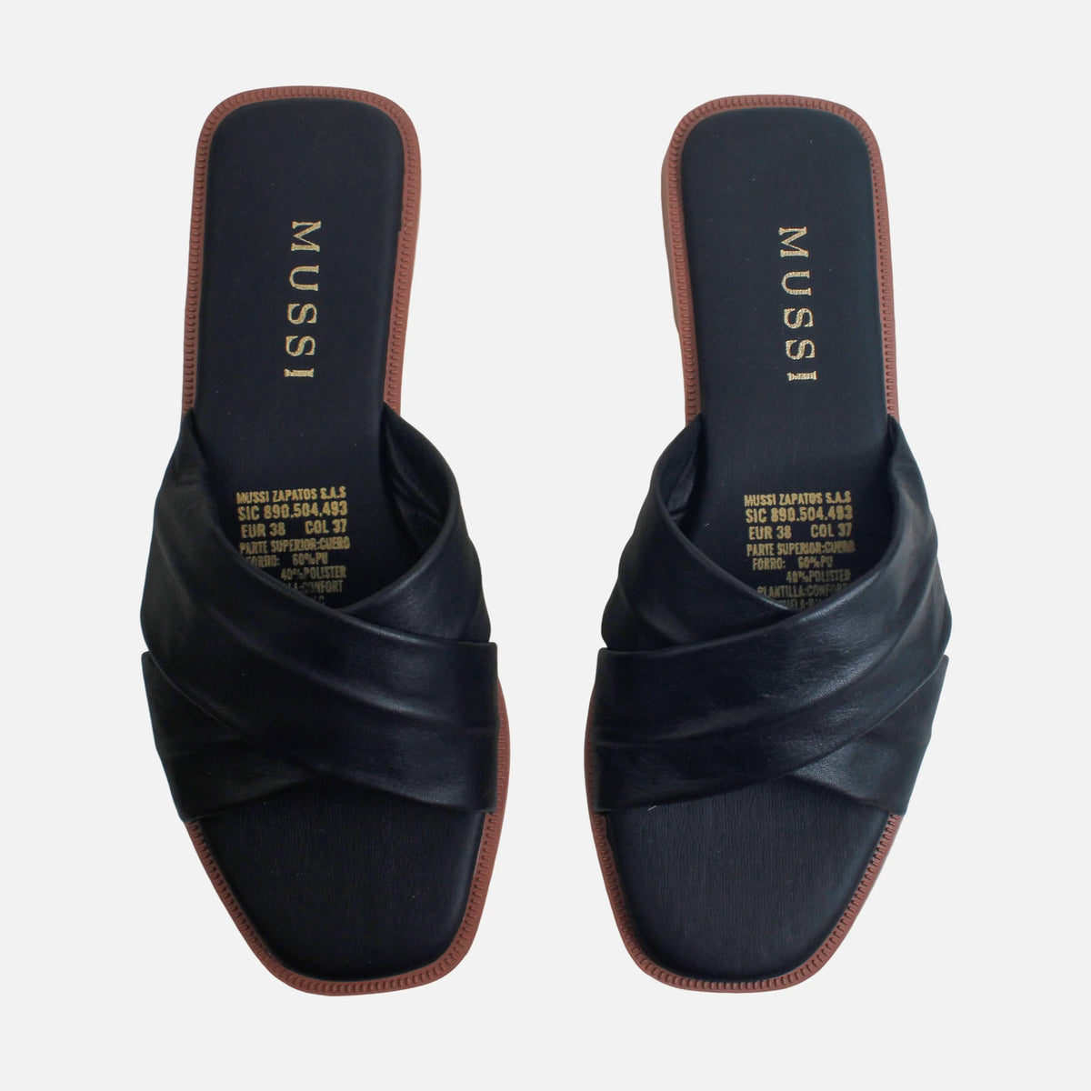 Sandalia plana smeralda de cuero para mujer - Negro