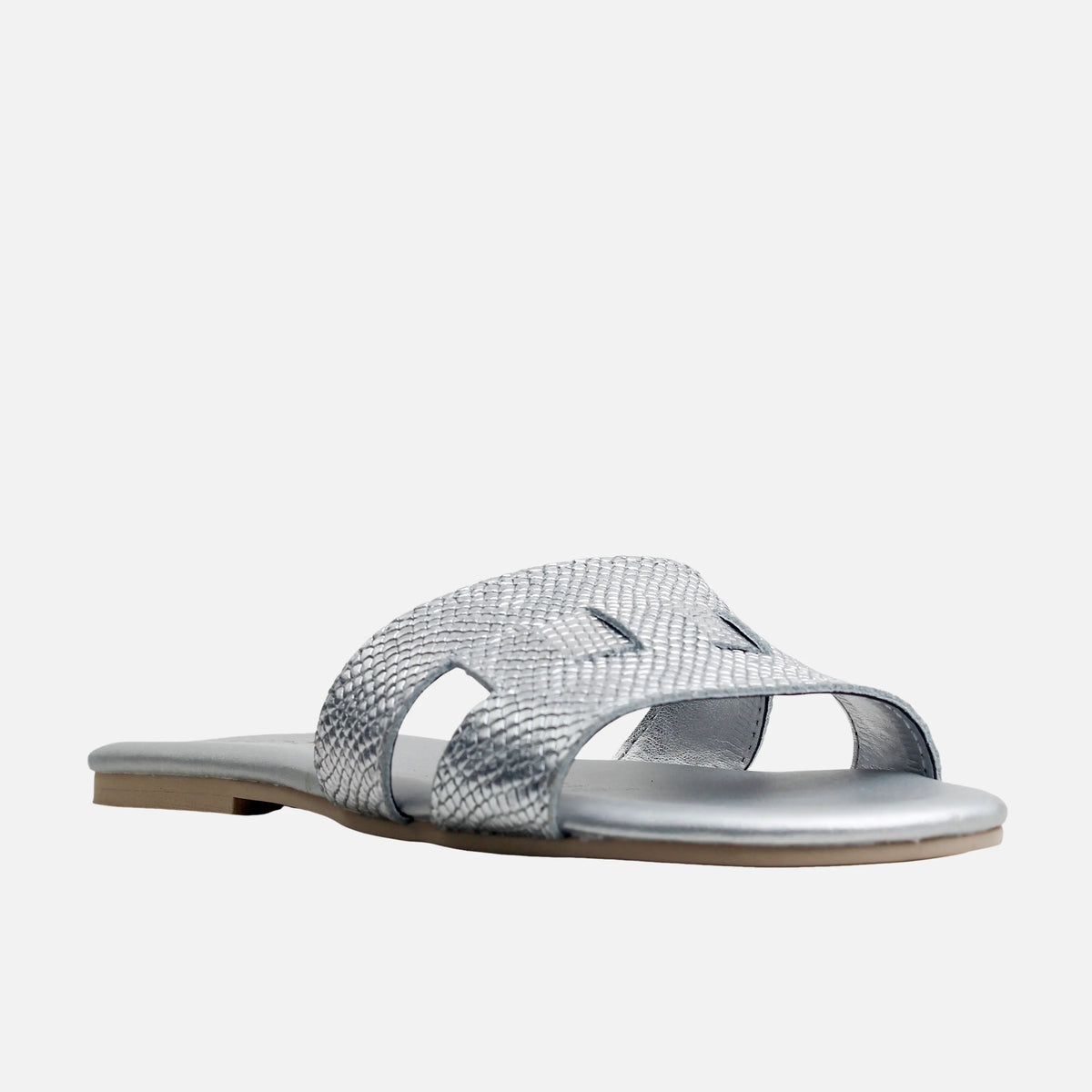 Sandalia plana bianca de cuero para mujer - Plateado