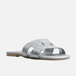 Sandalia plana bianca de cuero para mujer - Plateado