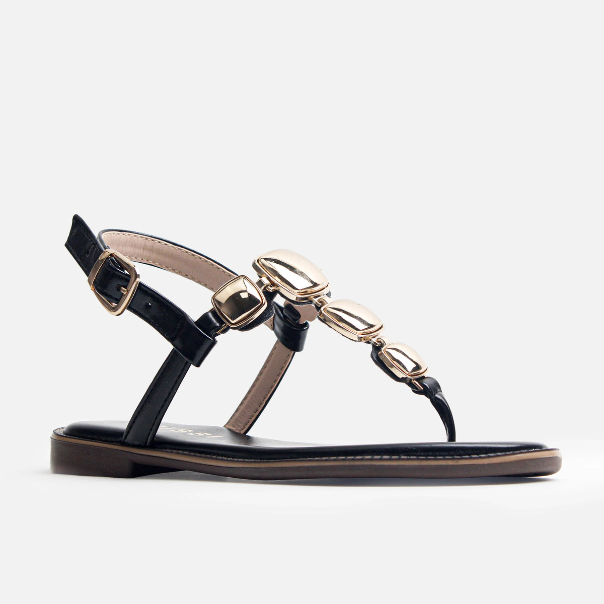 Sandalia plana flora de sintético para mujer - Negro