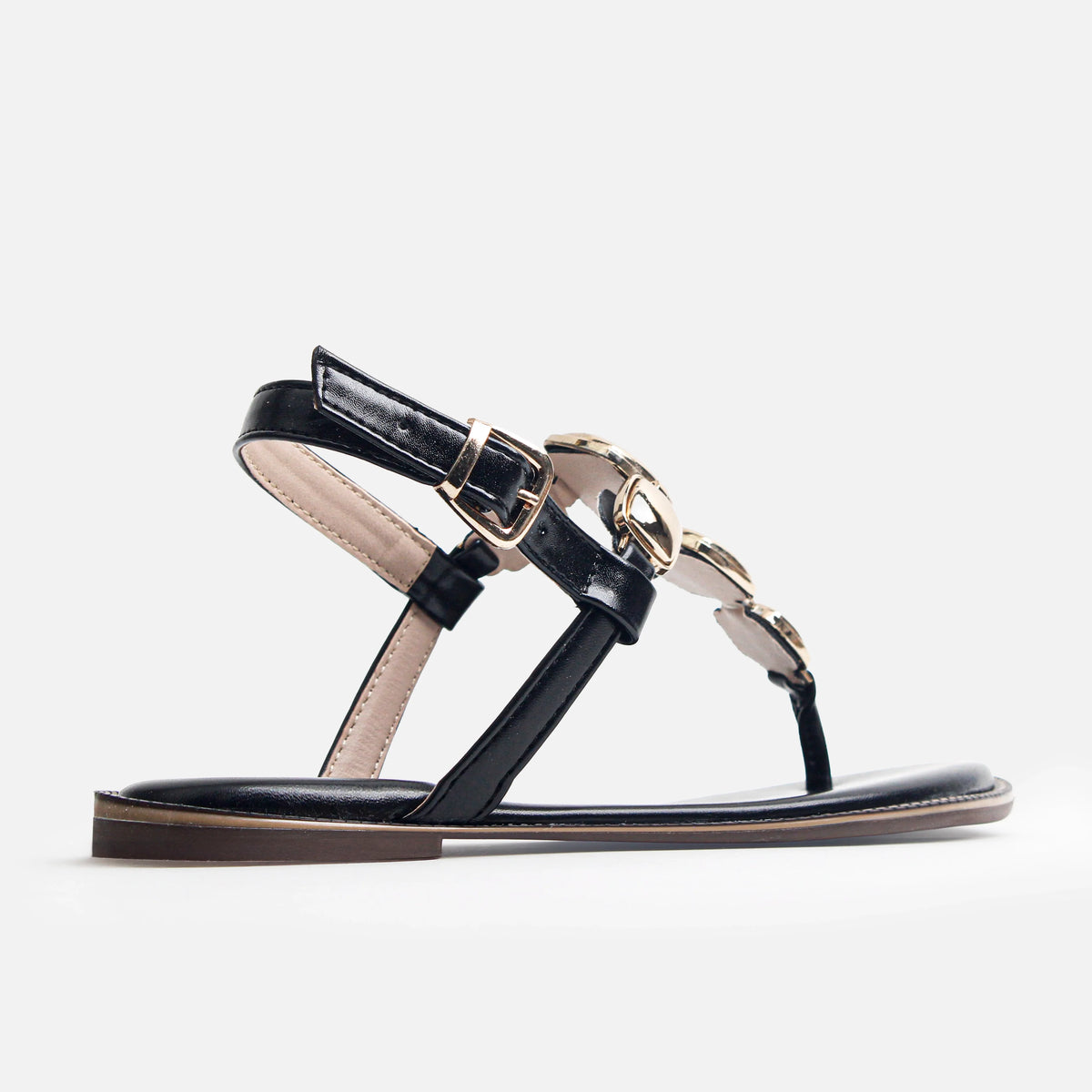 Sandalia plana flora de sintético para mujer - Negro