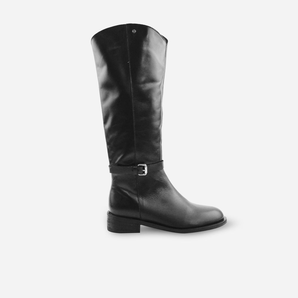 Bota plana rosetta de cuero graso para mujer - Negro