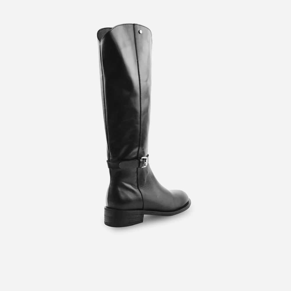 Bota plana rosetta de cuero graso para mujer - Negro
