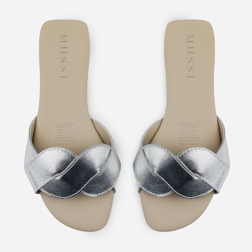 Sandalia plana sierra de cuero para mujer - Plata