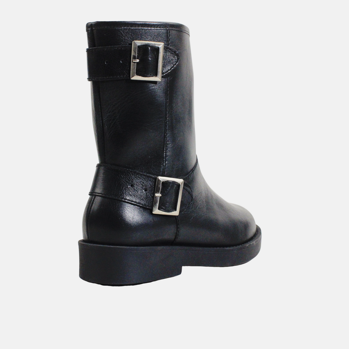 Botin plano motero de cuero para mujer - Negro