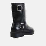 Botin plano motero de cuero para mujer - Negro