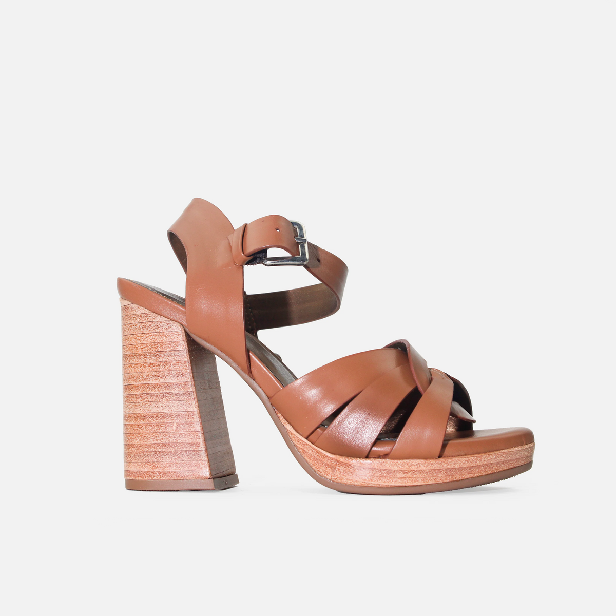 Sandalia tacon plataforma mía de cuero para mujer - Miel