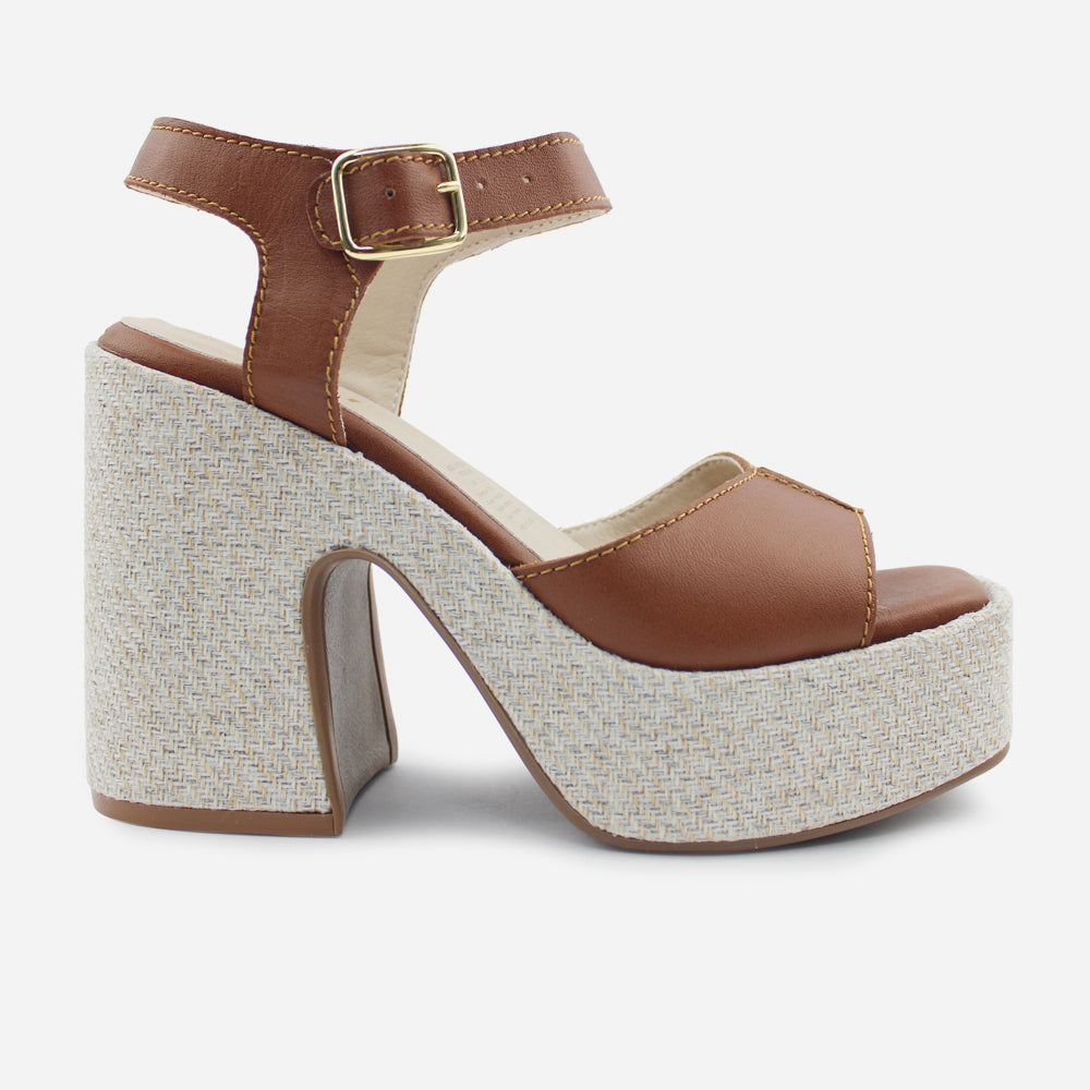 Sandalia tacon plataforma cerys de cuero para mujer - Miel