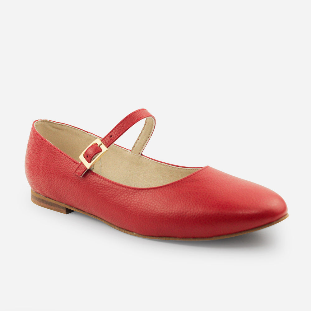Baleta plana floral de cuero para mujer - Rojo