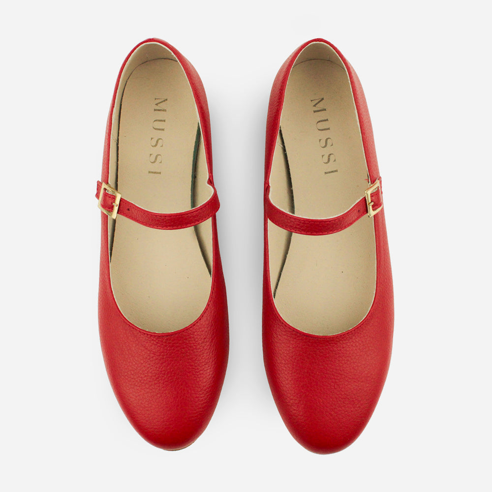 Baleta plana floral de cuero para mujer - Rojo