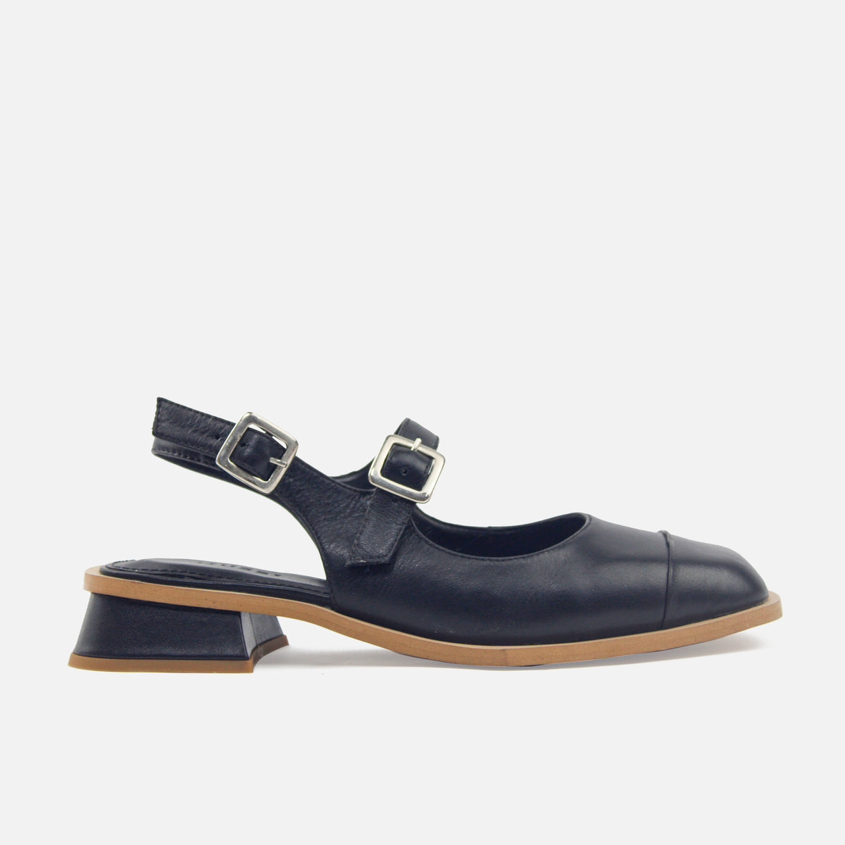 Baleta destalonada Mary Jane de cuero para mujer - Negro