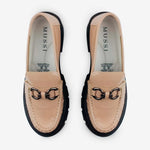 Mocasin tractorado floral de cuero para mujer - Taupe