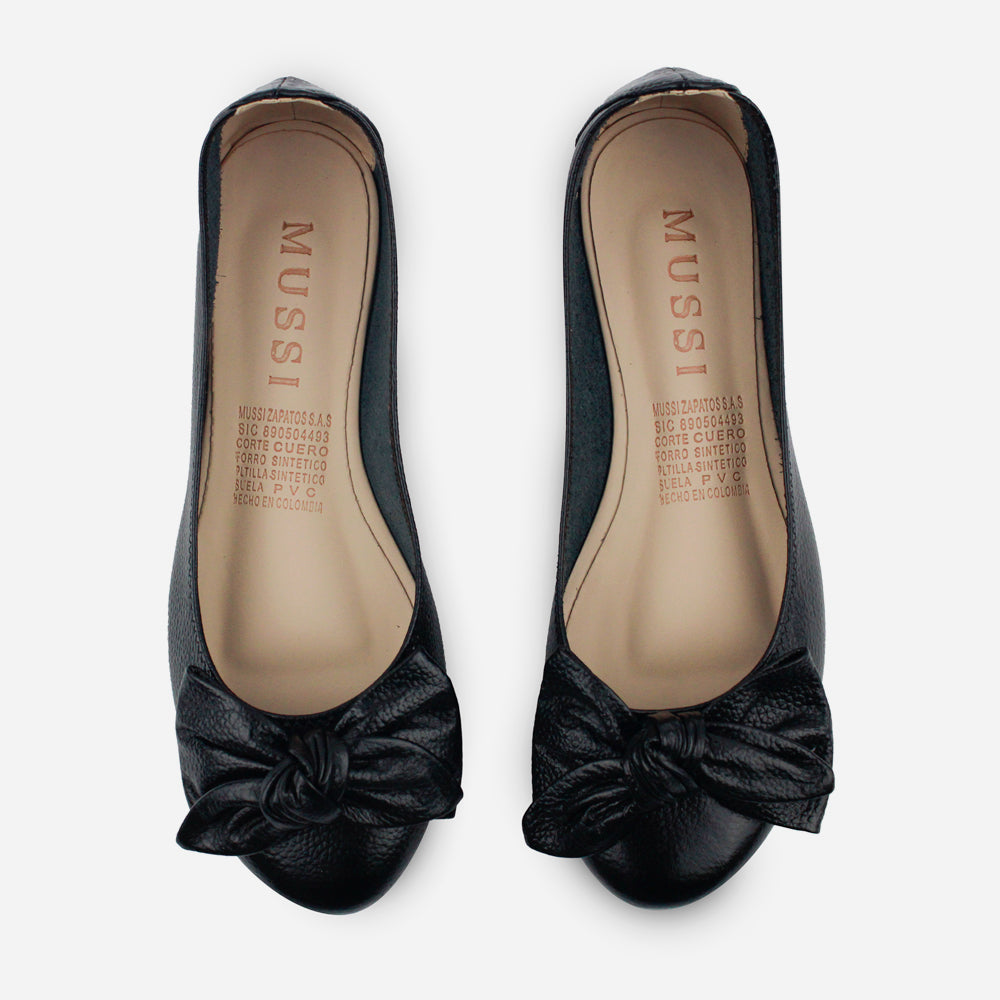 Baleta plana verano de cuero para mujer - Negro