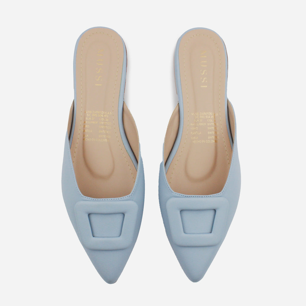 Zueco plano lina de cuero para mujer - Celeste