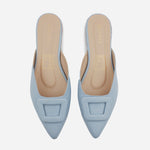 Zueco plano lina de cuero para mujer - Celeste