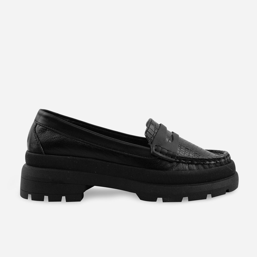 Mocasin plataforma camino de cuero para mujer - Negro