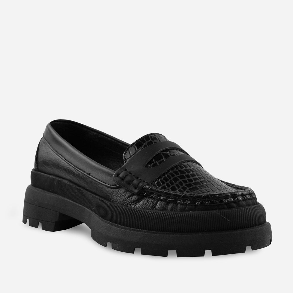 Mocasin plataforma camino de cuero para mujer - Negro