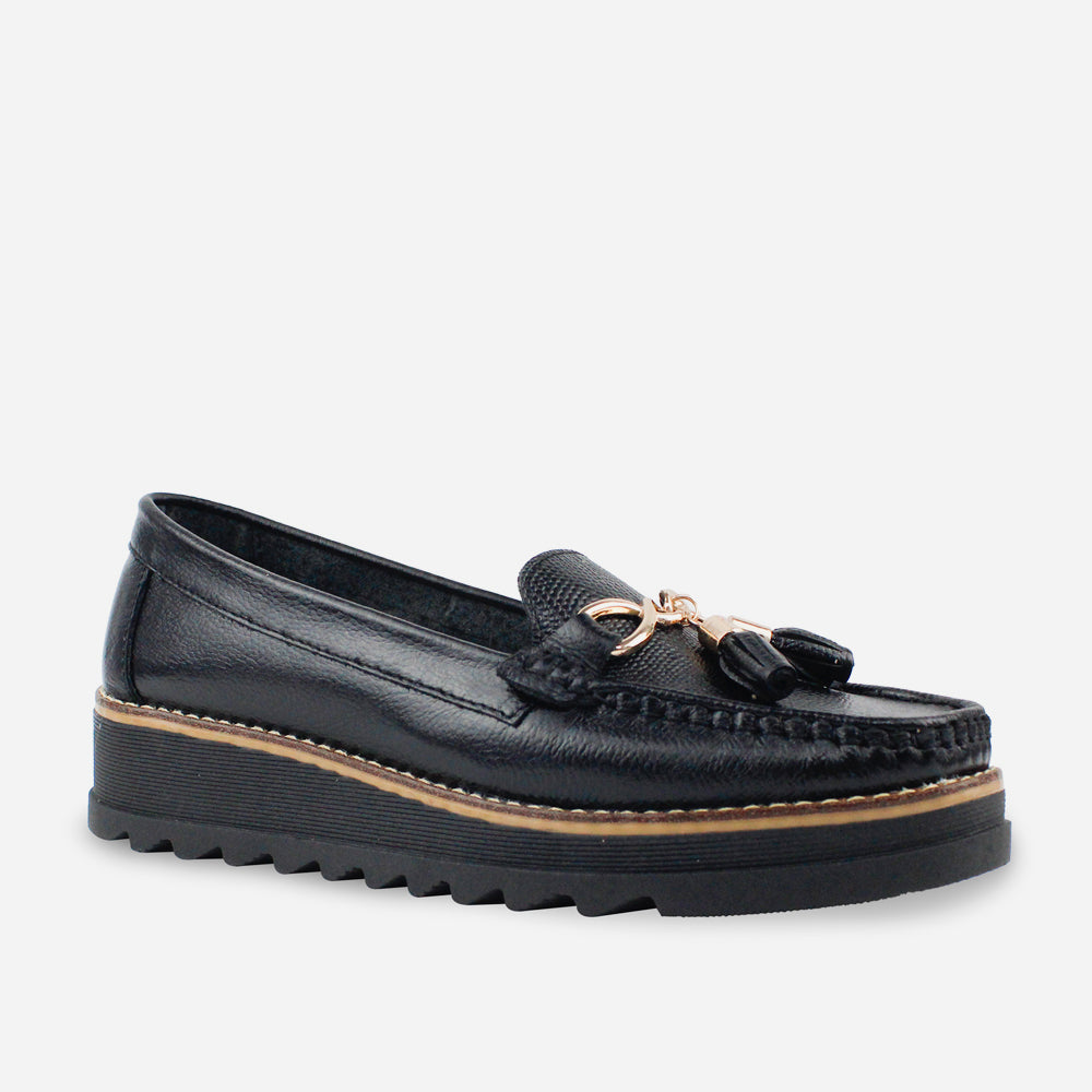 Mocasin plataforma valle de cuero para mujer - Negro