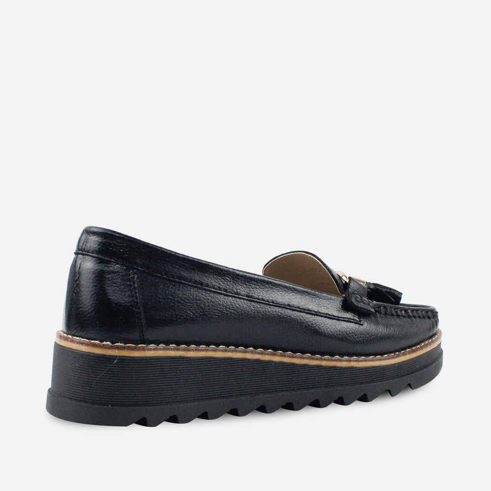 Mocasin plataforma valle de cuero para mujer - Negro