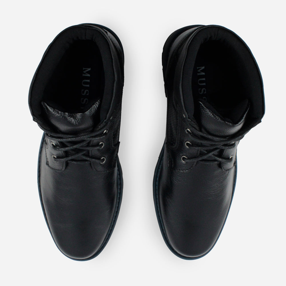 Botin con cordones laios de cuero para hombre - Negro