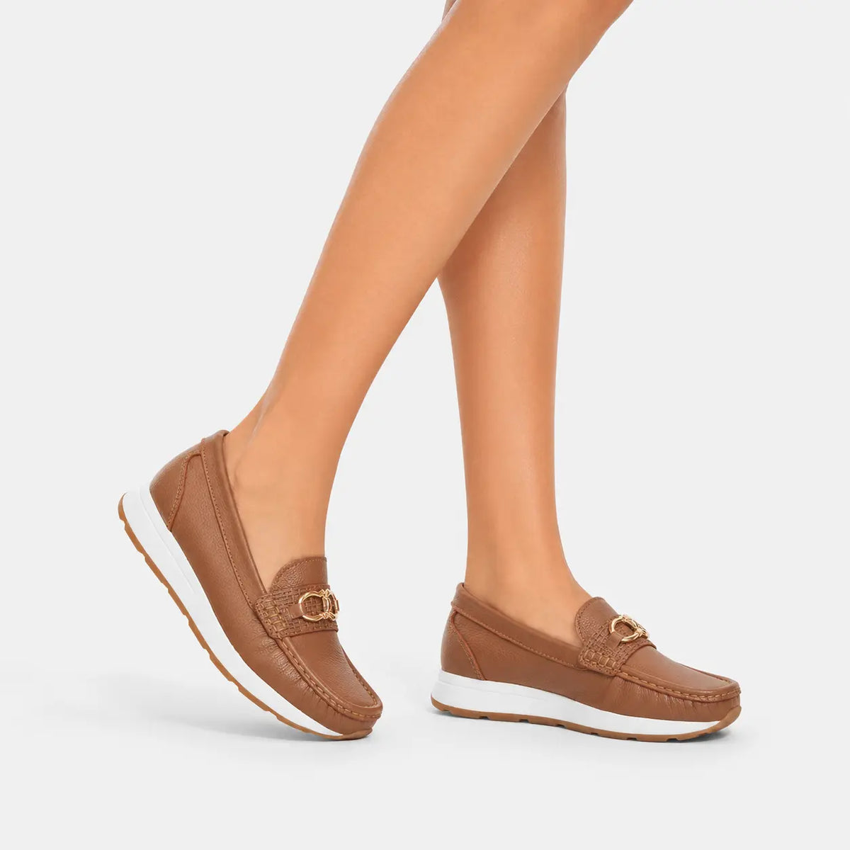 Mocasin plano roven de cuero para mujer - Almendra