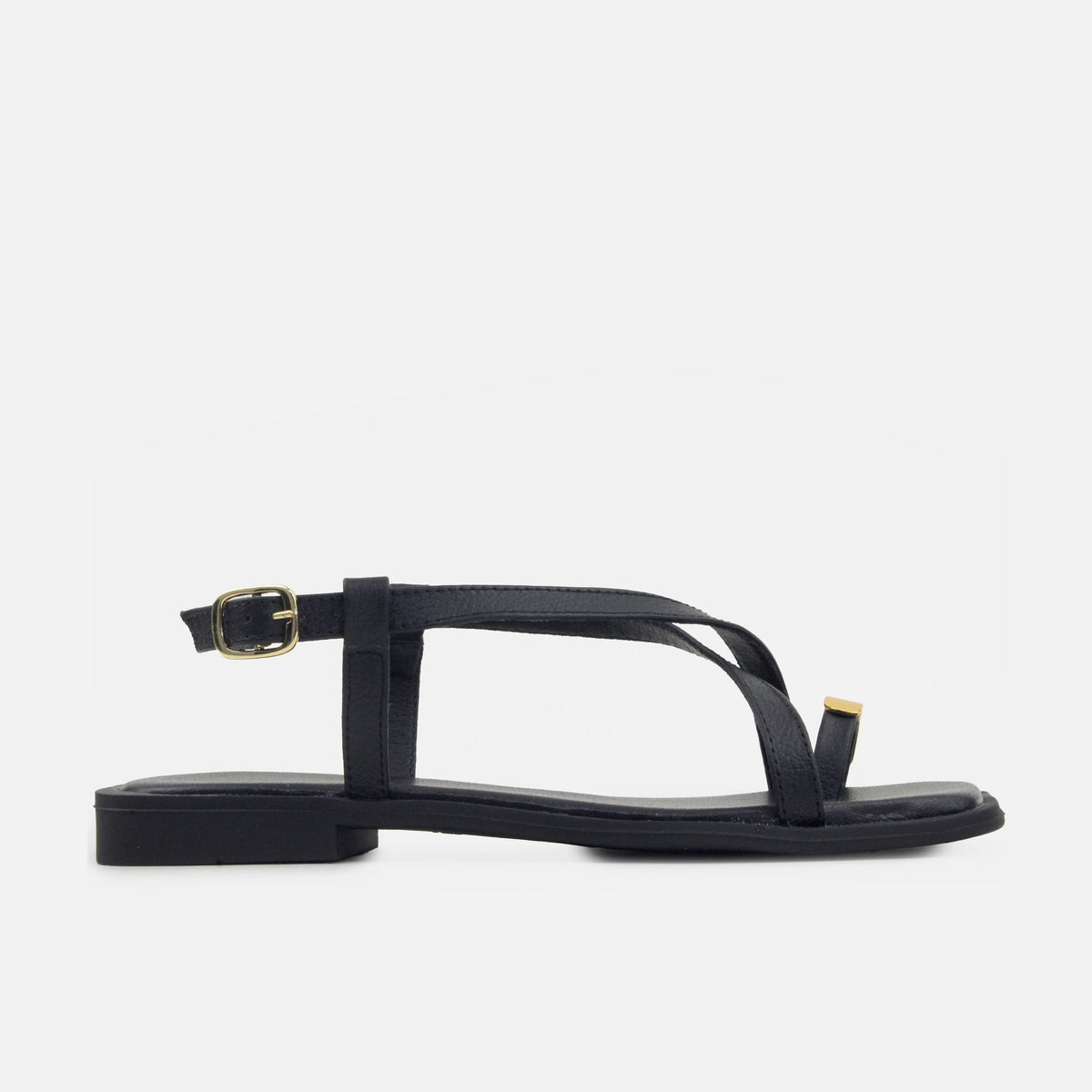 Sandalia plana valen de cuero para mujer - Negro