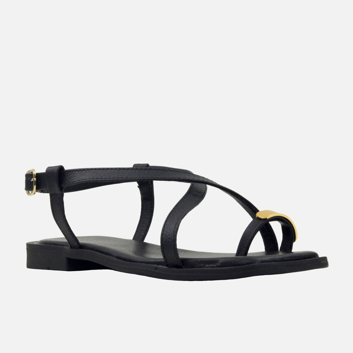 Sandalia plana valen de cuero para mujer - Negro