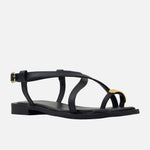 Sandalia plana valen de cuero para mujer - Negro