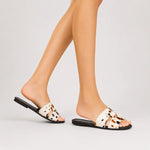 Sandalia plana celia de cuero para mujer - Animal Print Vaca