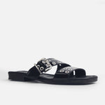 Sandalia plana tritonela de cuero para mujer - Negro