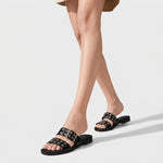 Sandalia plana tritonela de cuero para mujer - Negro
