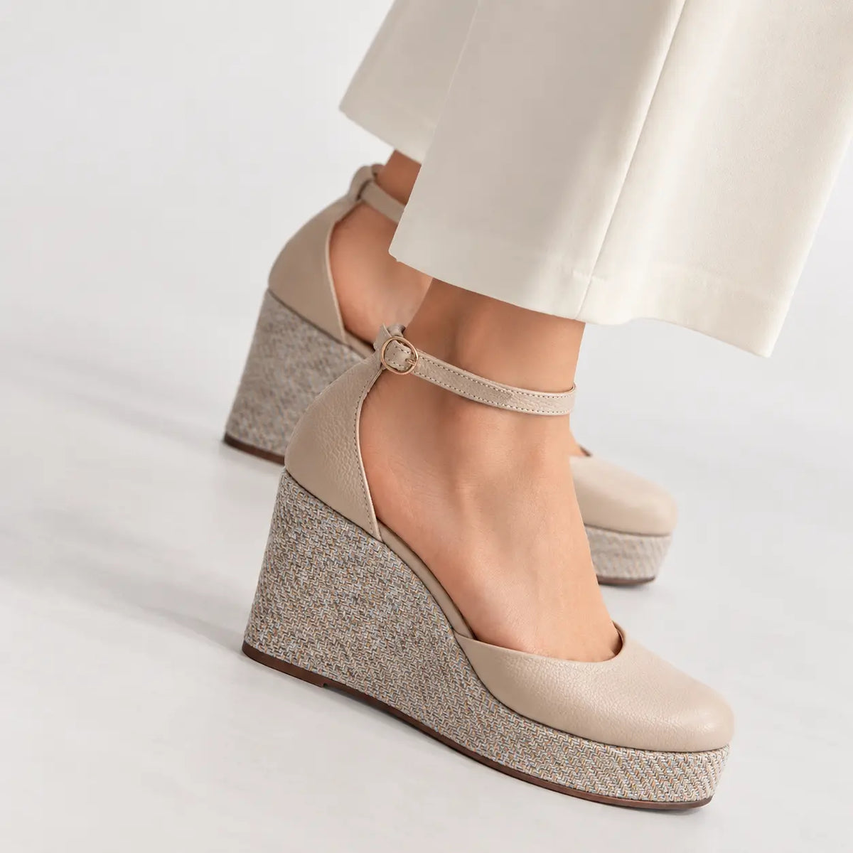 Sandalia plataforma anis de cuero para mujer - Hueso